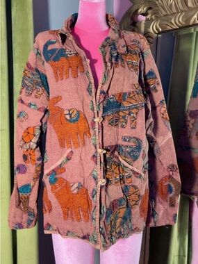 Orvis Pink Boho Elephant Utility Jacket with Teal & Orange Accents